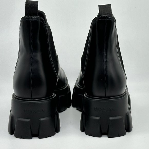 PRADA Monolith Brushed Leather Lug Sole Pull On Chelsea Ankle Boots Black - Picture 8 of 15